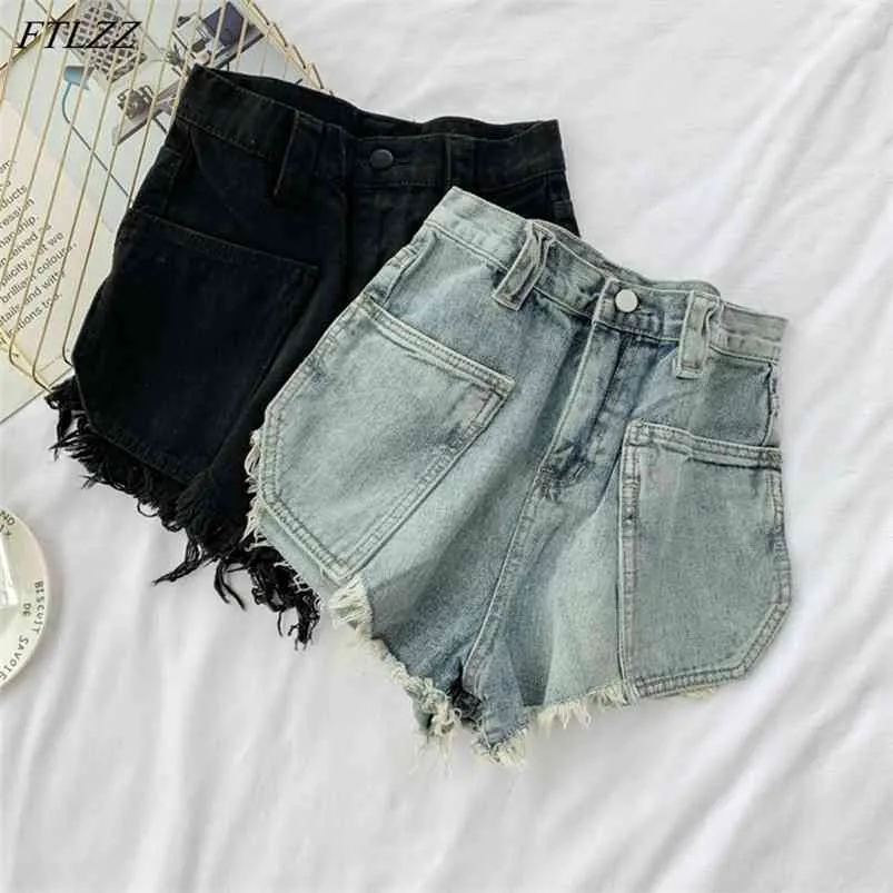 Lente zomer vintage vrouwen hoge taille blauw denim shorts casual vrouwelijke wijde been grote zak zwart jeans 210430