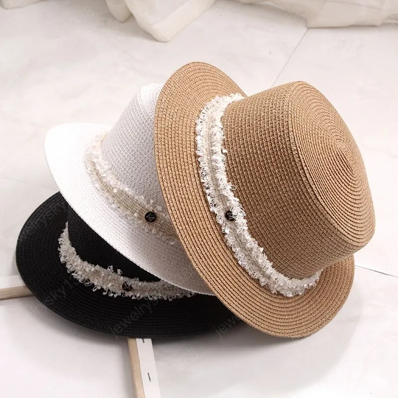 2021 Sommarplatta solskydd för kvinnor Chapeau Feminino Straw Hat Lady French Retro Shade Hat Vacation Beach Anti-UV Boater Cap