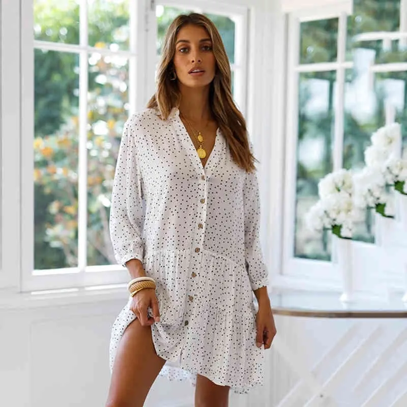 Casual dot white dress buttons summer women loose shirt dress sleeve springs plus size dress vestidos 210415