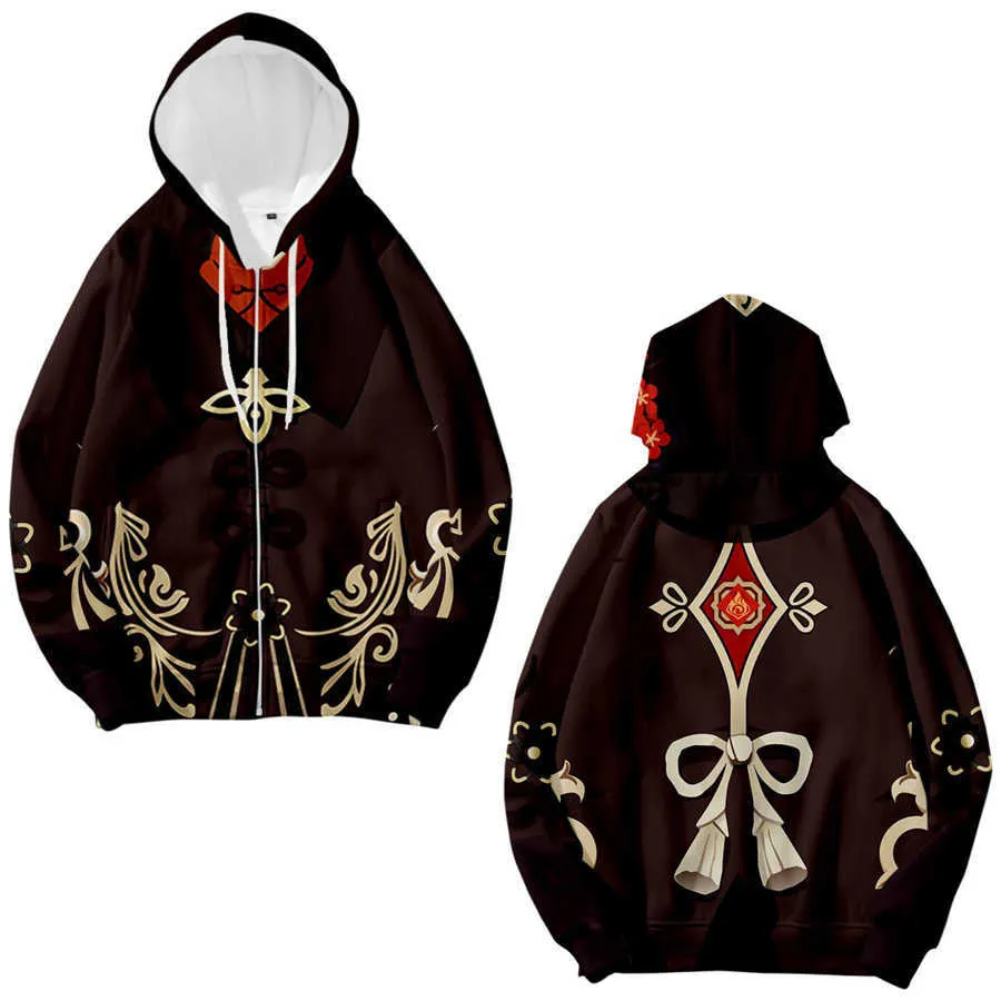 Classic Game Genshin Impact Cosplay Jacket Klee Diluc Hu Tao Keqing 3D Print Funny Hoodie Zipper Hooded Sweatshirt Anime Clothes Y0901