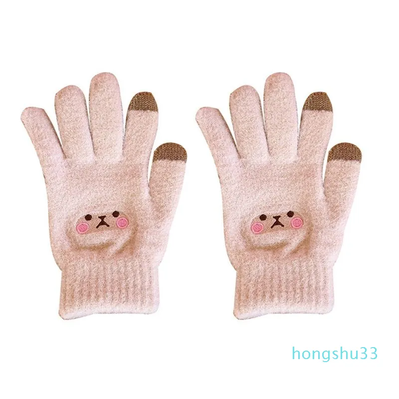 Cute Plus Velvet Thick Cartoon Winter Warm Gloves Touch Screen Girls Heart Full Finger Five Fingers