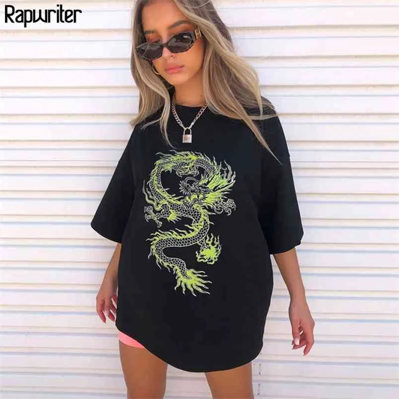 Style chinois Dragon Print T-shirt surdimensionné Femmes Summer Coton Lâche O-Cou Demi-manche Harajuku Tee Tops 210510