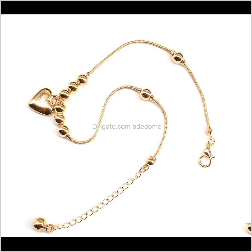 fashiion anklet alloy heart pendant bead charm gold silver color plated with snake chain for women girls gift