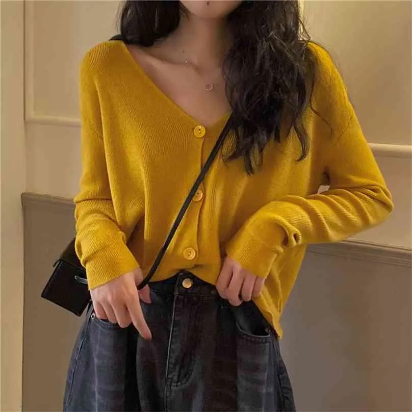 Z Długim Rękawem Kardigan Sweter z dzianiny V Neck Sweter Kobiety Koreański Styl Solid Color Cardigan Kurtka Topy Lato 210918