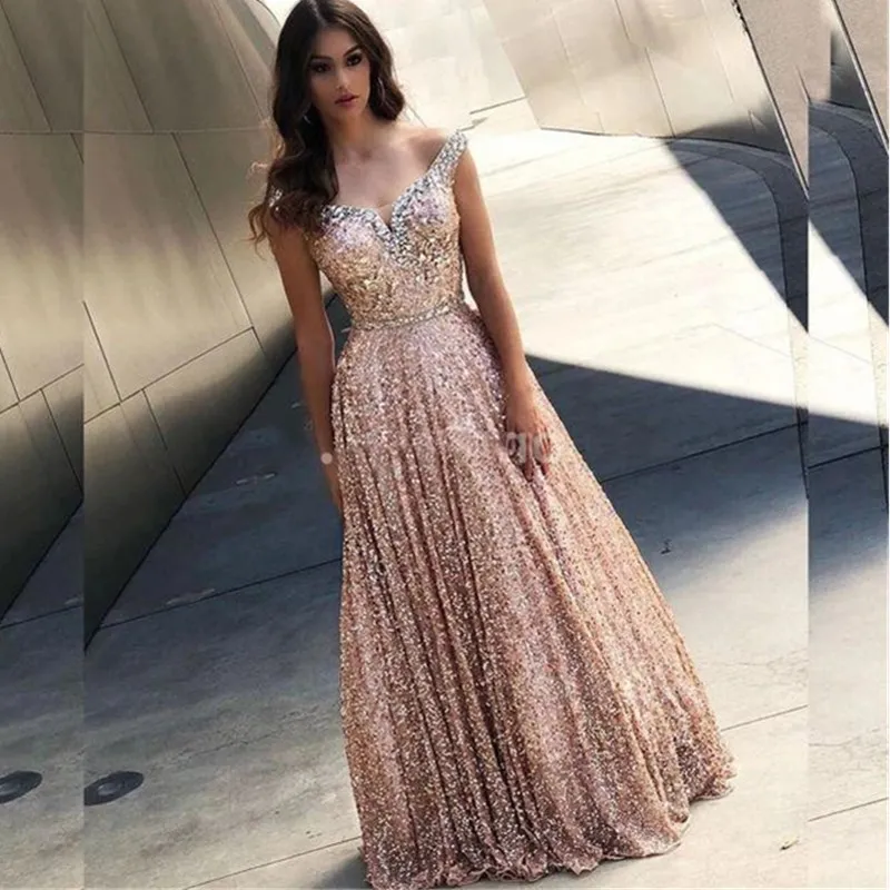 Rose Gold Sequined A-Line Gold sequin evening gown with Crystal Beading and V-neck for Women - Perfect for Prom, Birthday Parties, and Special
