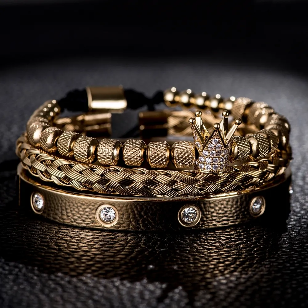 Men Bracelets Stainless Steel Crystals Bangles 3pcs/set Luxury Micro Pave CZ Crown Roman Royal Charm Bracelet Couple Handmade Jewelry Gift