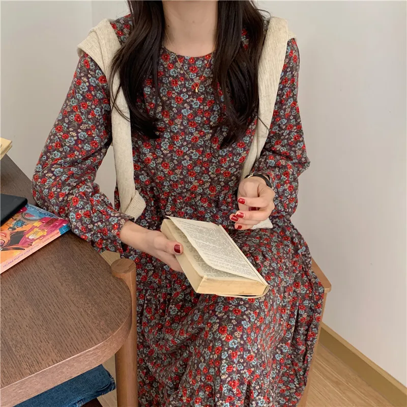 Printed Flowers Chiffon Korean version sanded Loose O Neck Floral Vintage Long Sleeve Maxi Dress Vestidos Women dress 918E 210420