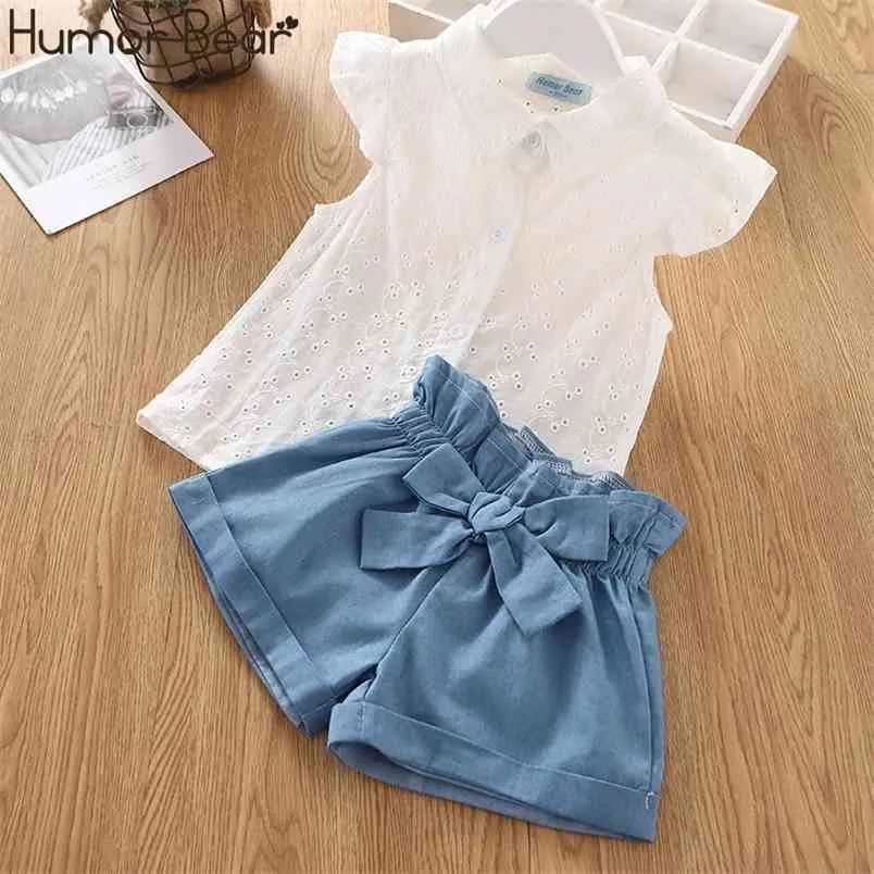 Summer Children Clothing Fashion Doll Collar Girl Bow White Blouses+ Shorts Set Kids Clothes Sets 210611