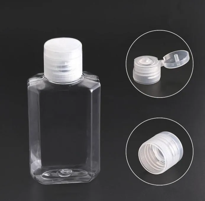 Qualité 30 ml 60 ml Bouteille en plastique PET vide avec capuchon rabattable Bouteilles de forme carrée transparentes pour liquide de maquillage Gel désinfectant pour les mains jetable