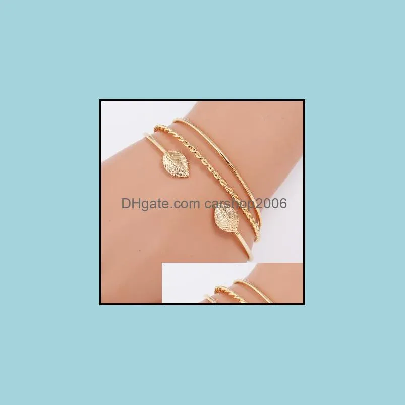 Leaf Open Bracelets Bangles Set 3PCS Punk Gold Twist Chain Vintage Bracelet for Women Girls Charm Beach Wedding Party Jewelry Gift