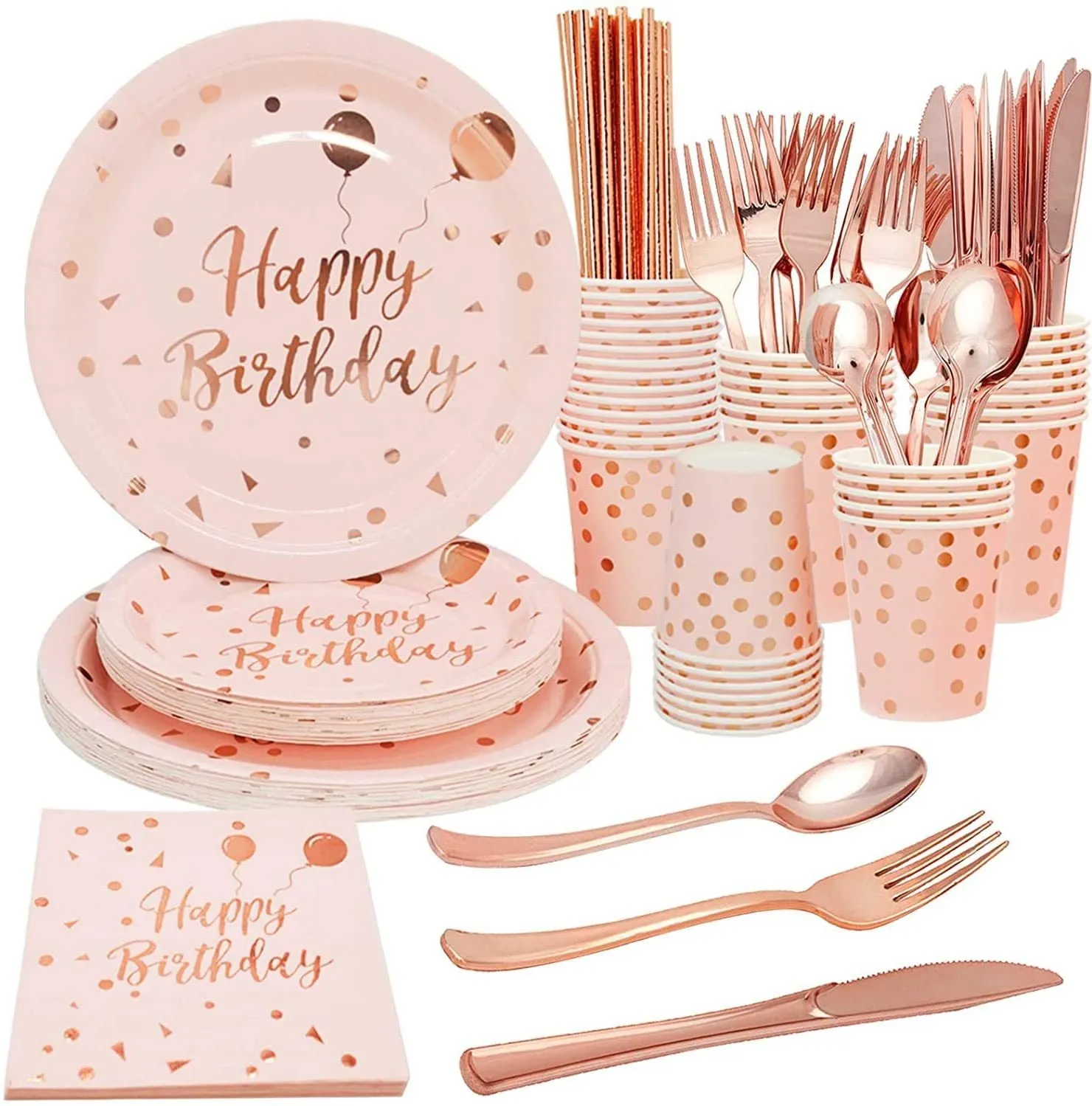 幸せな誕生日の装飾ローズゴールドドットの使い捨て可能な食器紙プレートカップベビーシャワーガール子供大人の誕生日パーティーの装飾210408