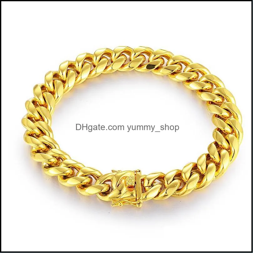 Stainless Steel Jewelry Set 24K Gold Plated High Quality Cuban Link Necklace & Bracelet Mens Curb Chain 1.4cm