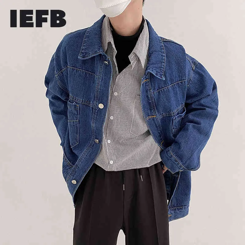 IEFBダークブルーデニムジャケットメンズルースフィット特大ビンテージジーンズコート春ファッションストリートウェアマン服9Y6971 210524