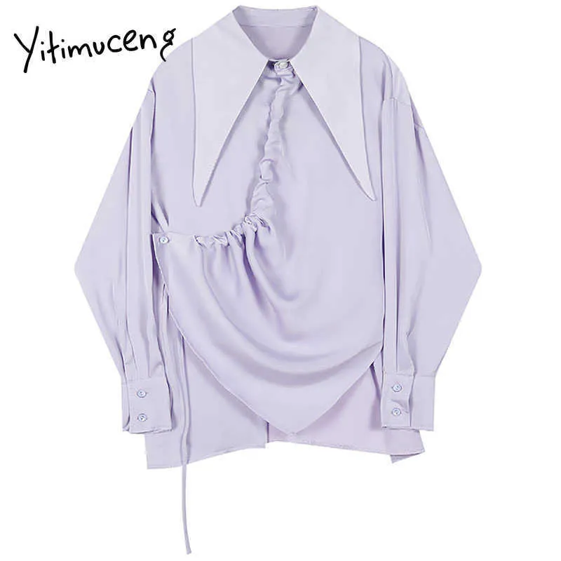 Yitimuceng Shirring Asymétrical Chemisier Femmes Chemises Lâche Solide Spring Fashion Coréen à manches longues Lady Tops 210601