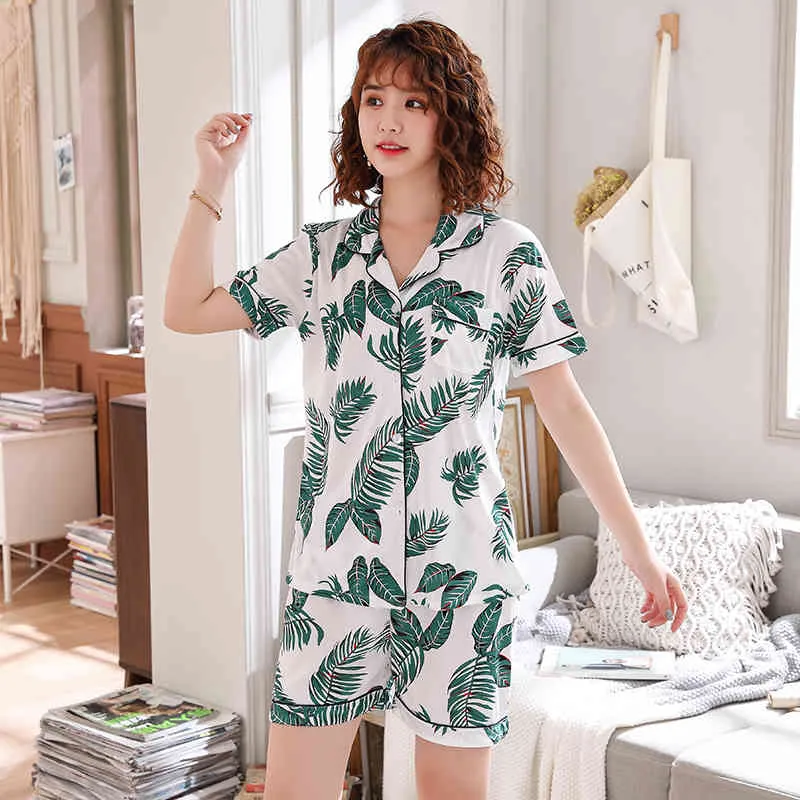 New Pajamas for Women Sweet Buttons Pyjamas Woman Elegant Short Sleeve Short Pant Homewear Ladies Print Sleepwear Sets Pijama X0526