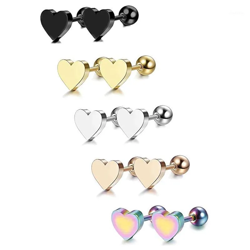 Stud 3 pares de brincos de aço inoxidável em forma de coração conjunto barra perfurada para homens e mulheres prata preto ouro