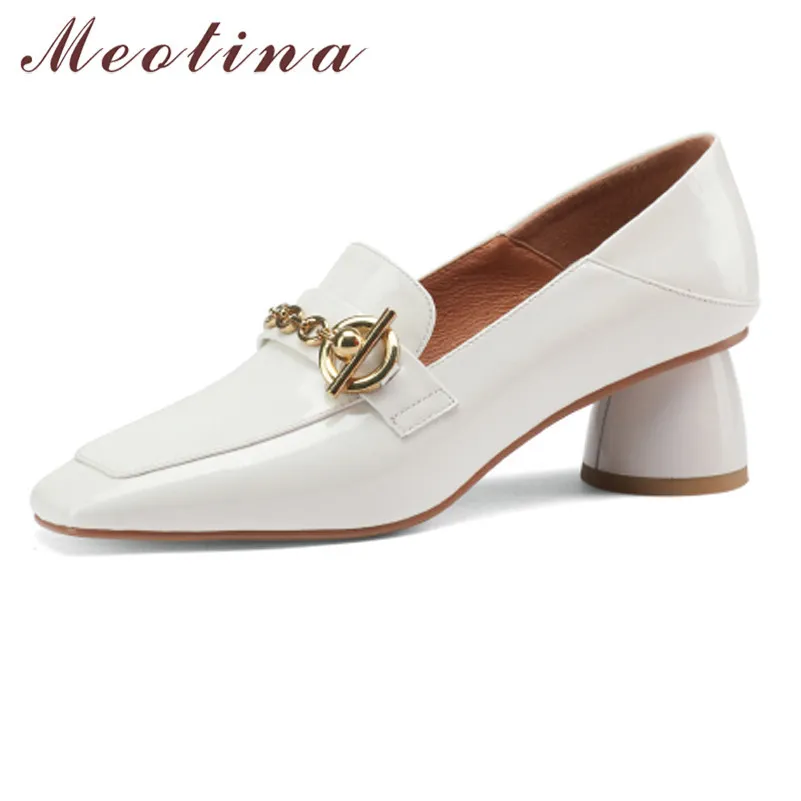 Meotina Cow Leather Mid Heel Pompy Kobiety Square Toe Mokasyny Buty Panie Metalowa Dekoracja Bloku Obcasy Obuwie Czarny Rozmiar 34-40 210520