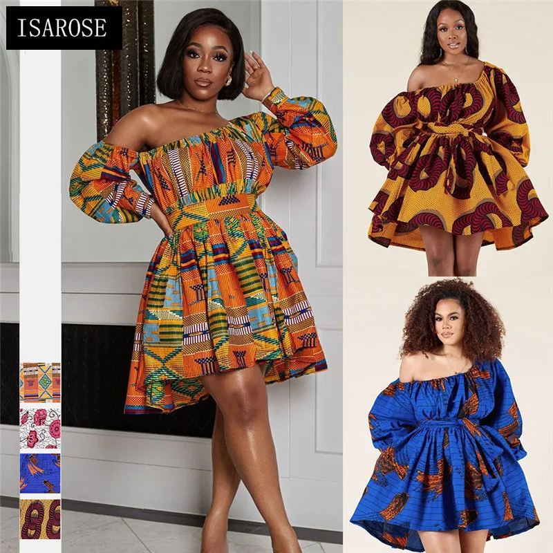 ISAROSE Afrikaanse Jurken voor Vrouwen Dashiki Print Kleding Bazin Broder Riche High Street Oversized Flare Mouwen Korte Jurk 210422