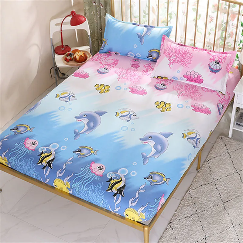 Sea Animals Bed Sheet Trendy Household Mattress Protector Dust Cover Non-slip Bedspread With Pillowcase Bedding F0085 210420