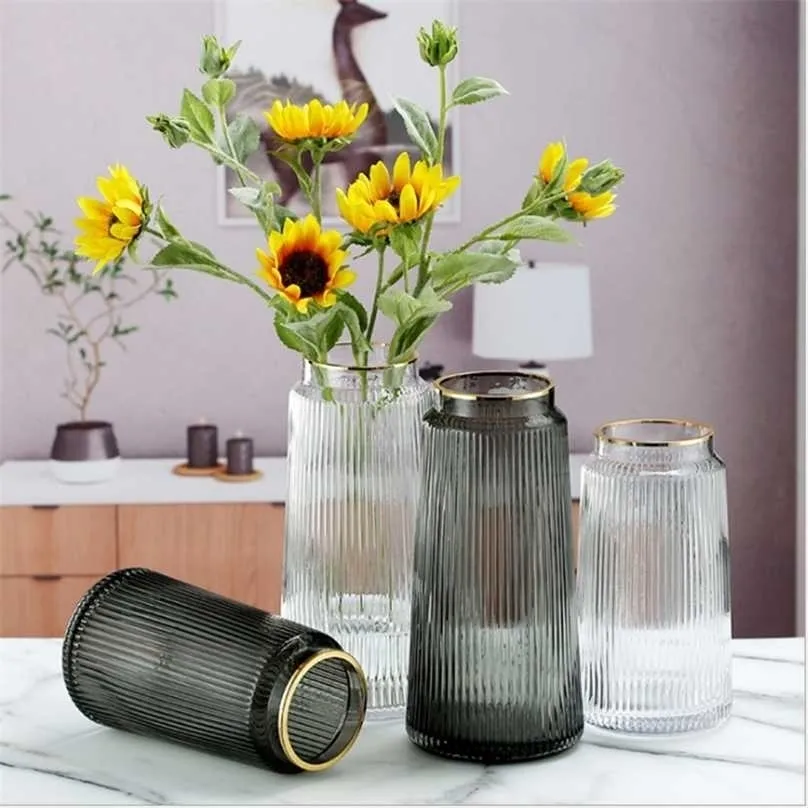 Luxury Vintage Striped Glass Vase Gold Line Flower Arrangement Home Living Room Transparent Tabletop Bottles Party Decor 211215