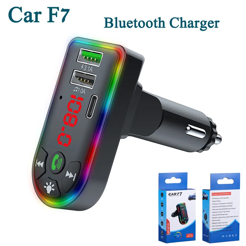 Mini Car F7 Charger FM Transmitter Dual USB Quick Charging Type C PD Ports Handsfree Audio Receiver MP3 Player Colorful Atmosphere Lights