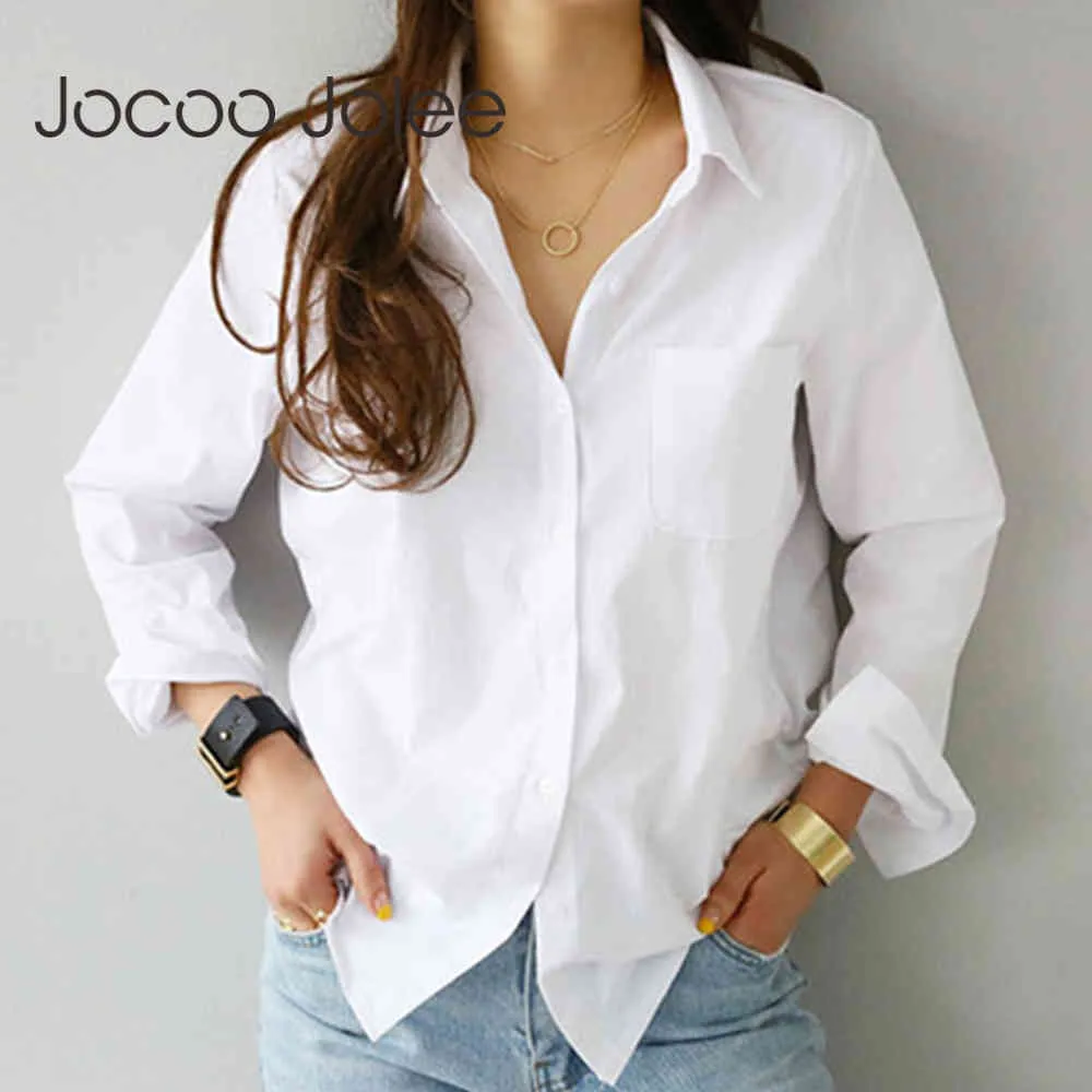 JoCoo Jolee Kobiety Elegancka Biała Koszula Office Lady Długie Rękaw Wyłącz Kołnierz Bluzka Causal Single Breasted Pocket Luźne Koszulki 210518