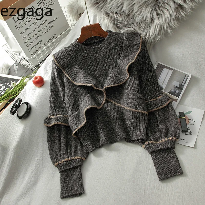 Ezgaga tröja kvinnor höst Ny O-Neck Patchwork Long Lantern Sleeve Pullover Ruffles Tjej Söt Toppar Vinter Kläder Varm Fashion 210430