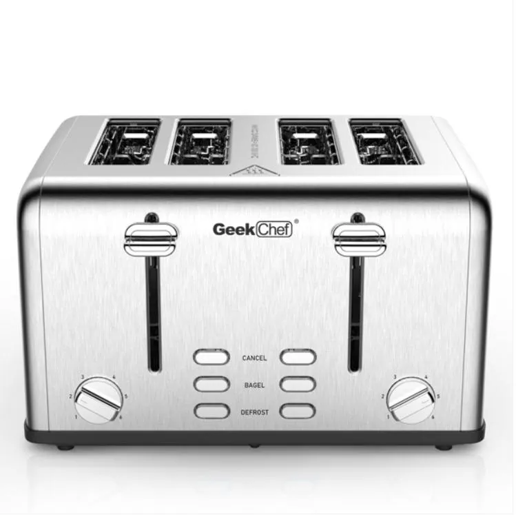 2021 Бухарка для выпечки Pans Toaster 4 Slice Geeke повар из нержавеющей стали из нержавеющей стали с двойным управлением панелями бублики / размораживания / отмена (Щепка-черный)