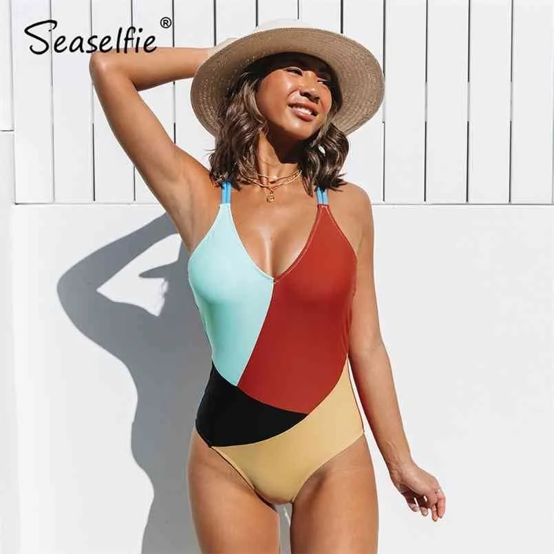 Seaselie Sexy Colorblock V-Neck Otwórz Wróć Swimsuit Kobiety Wyściełane Kubki Monokini Plaża Kąpiel Swimwear 210630
