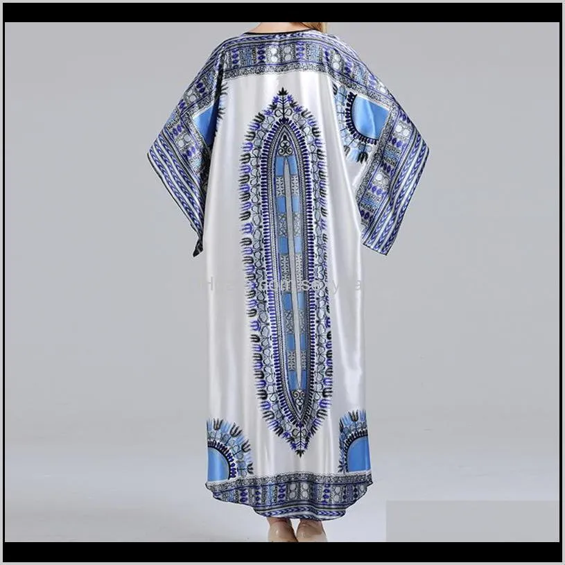 dresses for women african clothing bohe style v-neck loose pullover blue pattern printed for daily casual dress dashiki