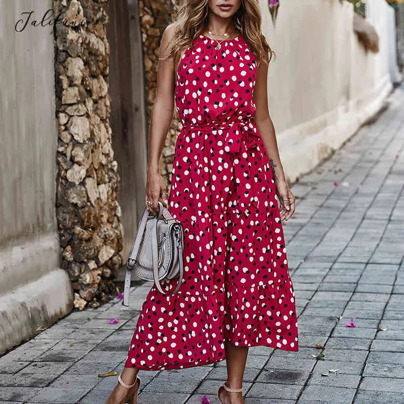 Summer Women Polka-Dot Long Dress Strapless Casual Beach Dresses White Midi Sundress Red Summer Vacation Clothes For Women 210415