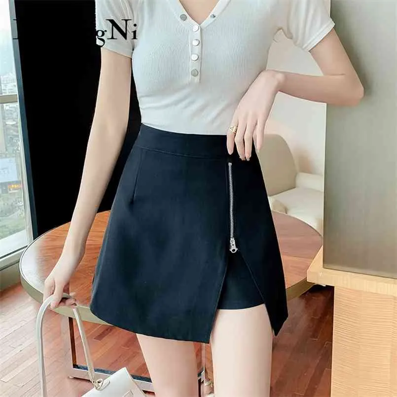 Fake Two piece Shorts Skirts Women Black Zipper Sexy Club Leisure High Waist Mini Skirt Ladies Large Size Clothes 210506