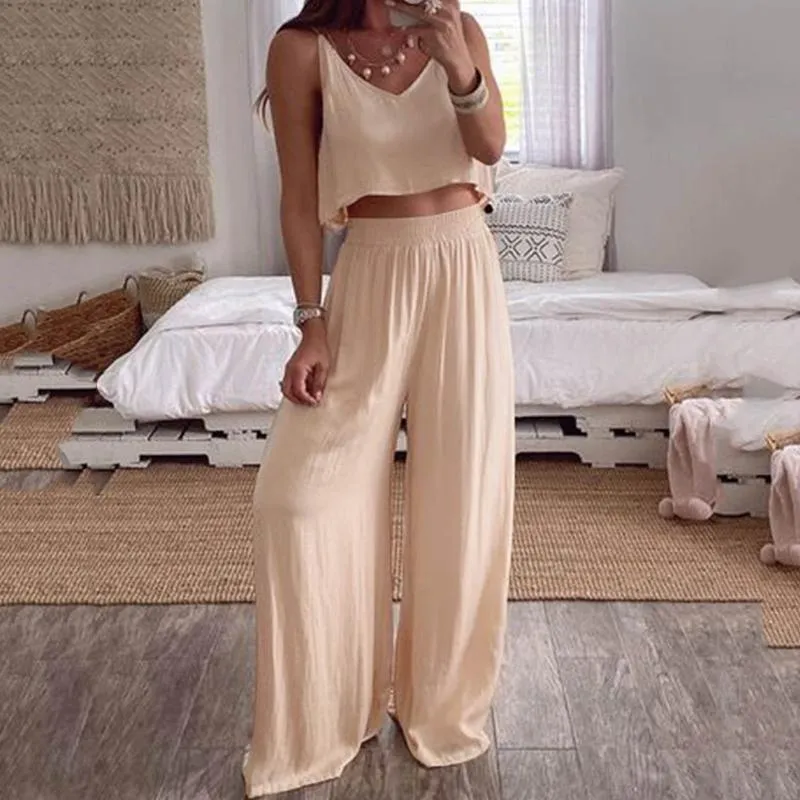 Women's Two Piece Pants Trouser Suits Solid Color Suspender Top And Wide Leg Cotton Linen Suit Setup Ladies Oversize Costume