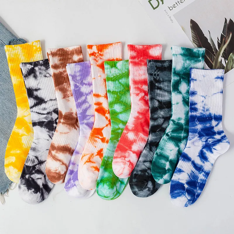Sports Printed Tie Dye Socks Men Women Long Knee High Crew Sock with Tags Printing Cotton Fashion Street-style