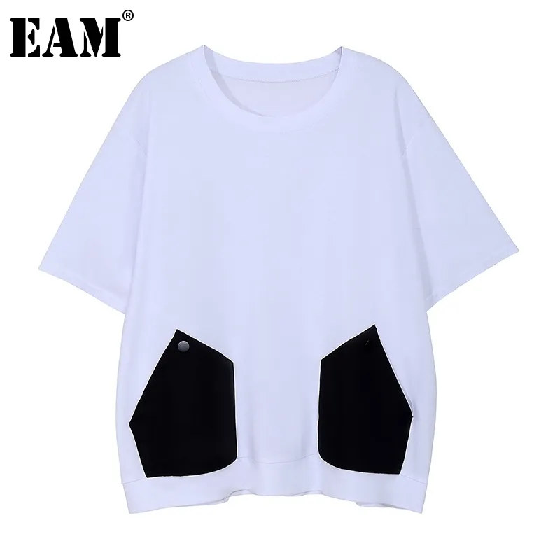 [EAM] Dames Wit Pocket Big Size Casual Spliced ​​T-shirt Ronde hals Korte Mouw Mode Lente Zomer 1DD7519 210512