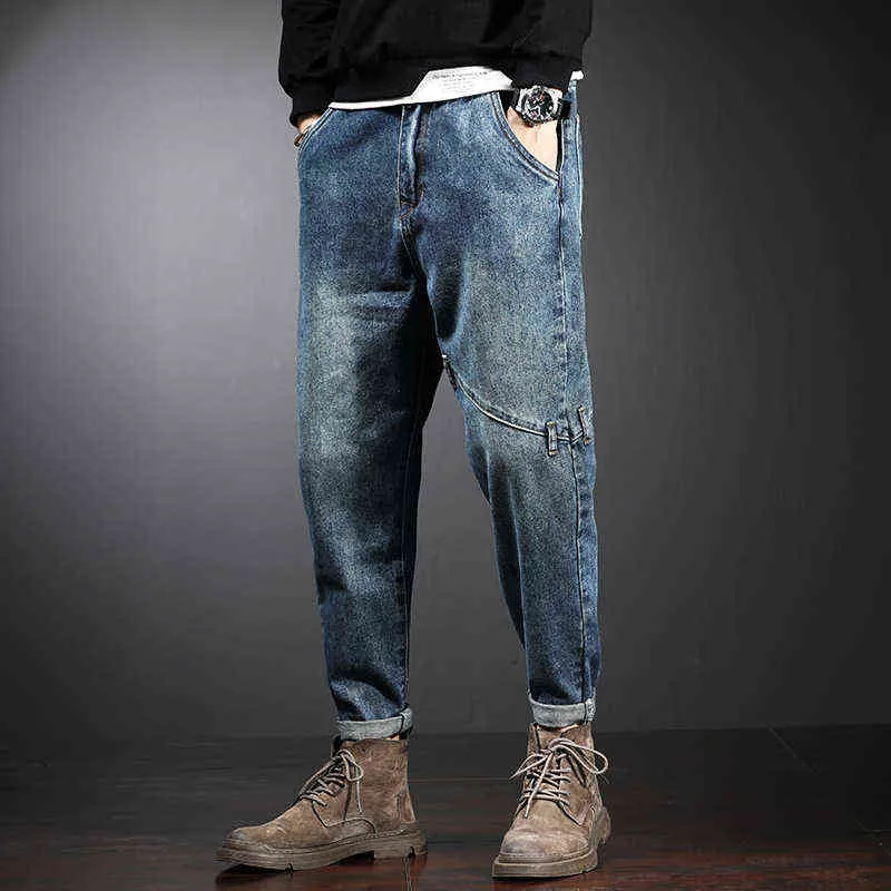 2021 Famous Fashion Designer Loose Jeans Men Straight Dark Blue Color Printed Mens Jeans Ripped Denim Pants G0104