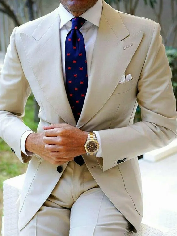 Lastest Coat Designs Beige Blazer With Pants 2021 Slim Fit Wedding Suits For Mens Wide Peaked Lapel Formal Groom Wear Groomsmen Me2463