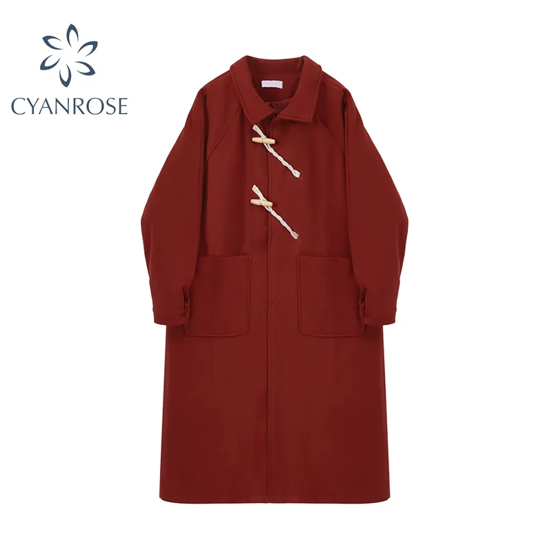 Vintage rode lange wollen jas vrouwen herfst winter single breasted pocket jas uitloper vrouwelijke Koreaans Oversize outcoat 210417