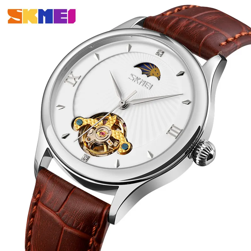 Skmei Fashion Hollow Dial Men Watches Automatic Mechanical Wristwatches Leather Strap Moon Phase Mens Watch Reloj Hombre 9251 Q0524