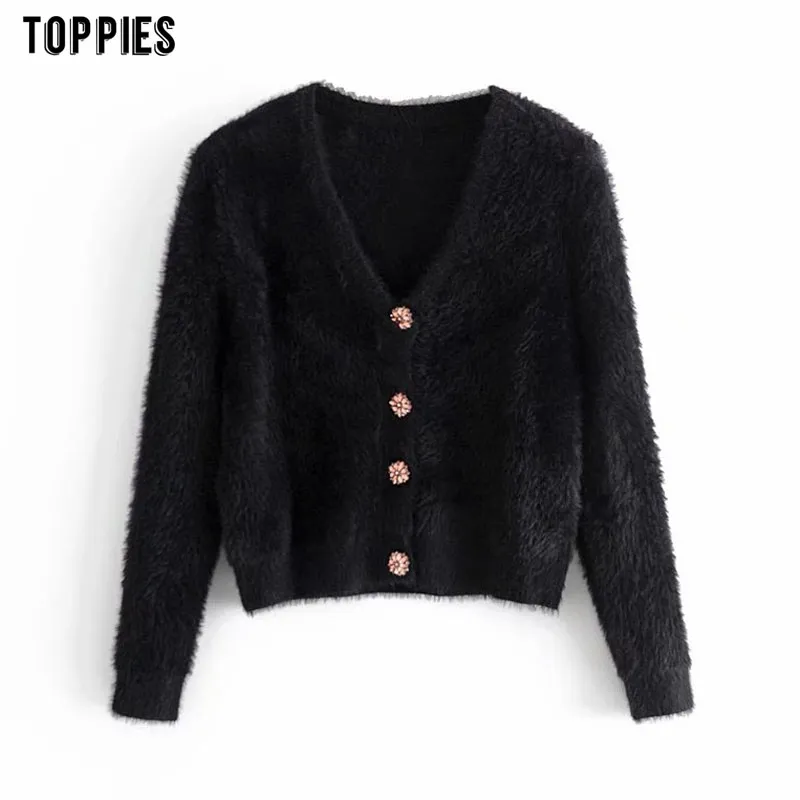 Toppies Donna Cardigan Maglione Nero Pelliccia sintetica Top Giacca invernale con bottoni Cappotto Moda scollo a V Cardigan corto 210412