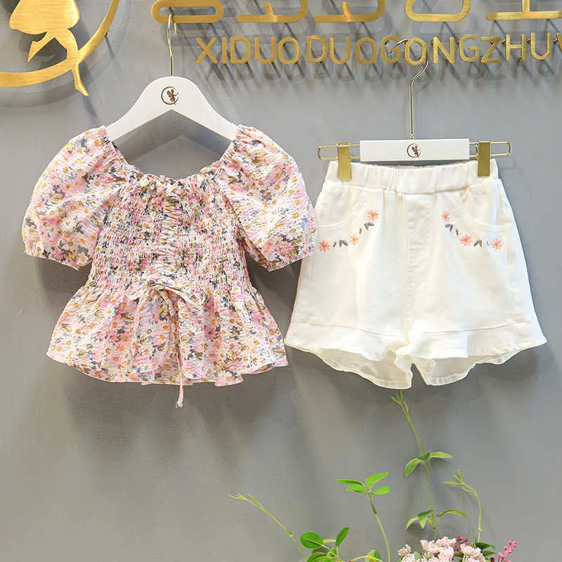 Roupas de meninas conjunto de blusa de flor de manga curta e shorts brancos conjunto crianças 2 pcs conjuntos de roupas crianças ropa de bebe nina 210715