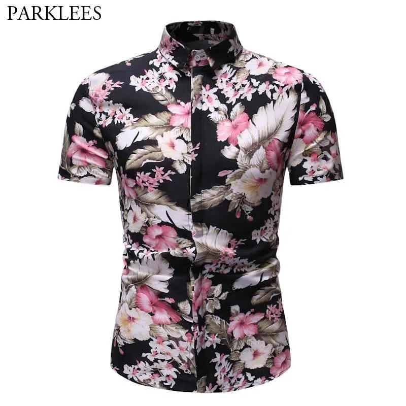 Floral Flower Print Fashion Shirt Men Summer Shorts Sleeve Slim Fit Mens Dress Shirts Casual Button Down Chemise Homme 210522