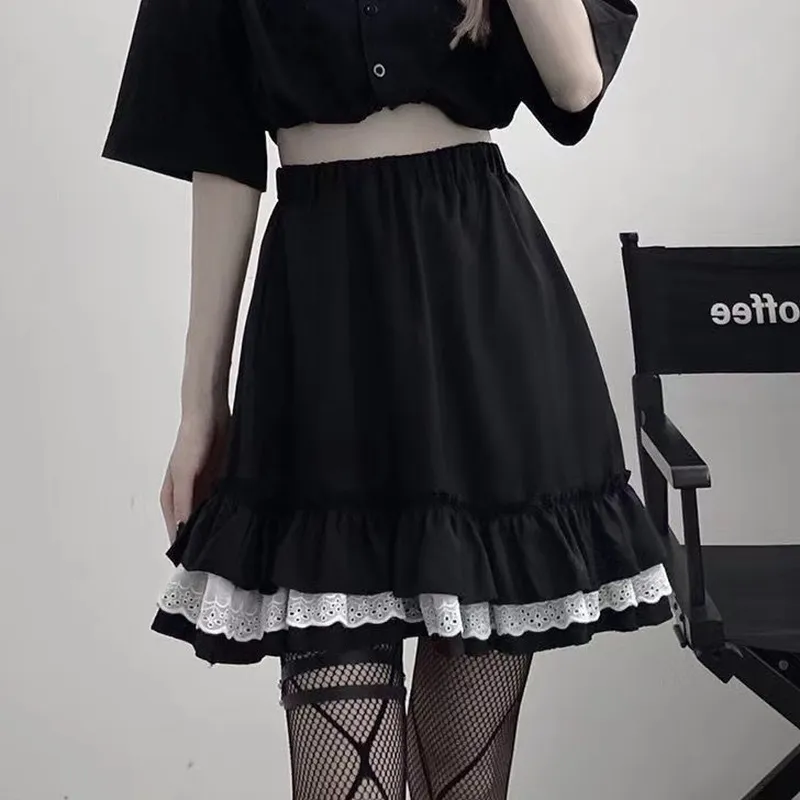 Mall Goth Gothic Lace Ruffle Mini spódnice Women Harajuku Fairy Grunge Czarna plisowana spódnica Japońska Lolita Streetwear W220314