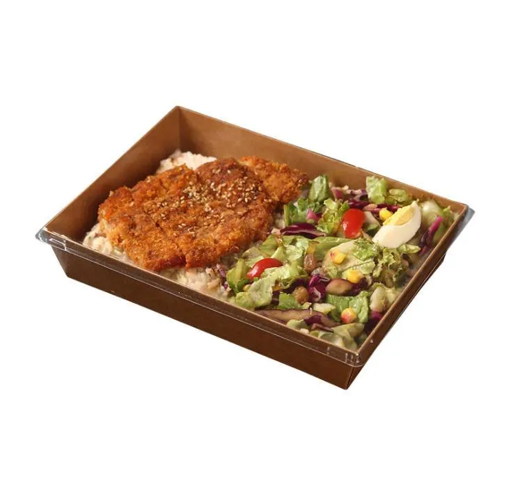 Disposable Kraft Paper Dinner Food Boxes Containers with Clear Lid Take-out Fast Food-Packaging Salad Fried Foods Wrapping Tools