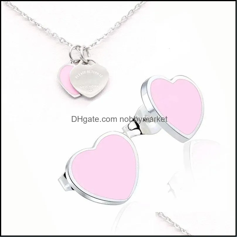Newest Silver Gold Vintage enamel PINK Green Heart Charms Necklace and Earring Jewelry set Pendant Luxury Women Men chain Stainless T letters Jewellry