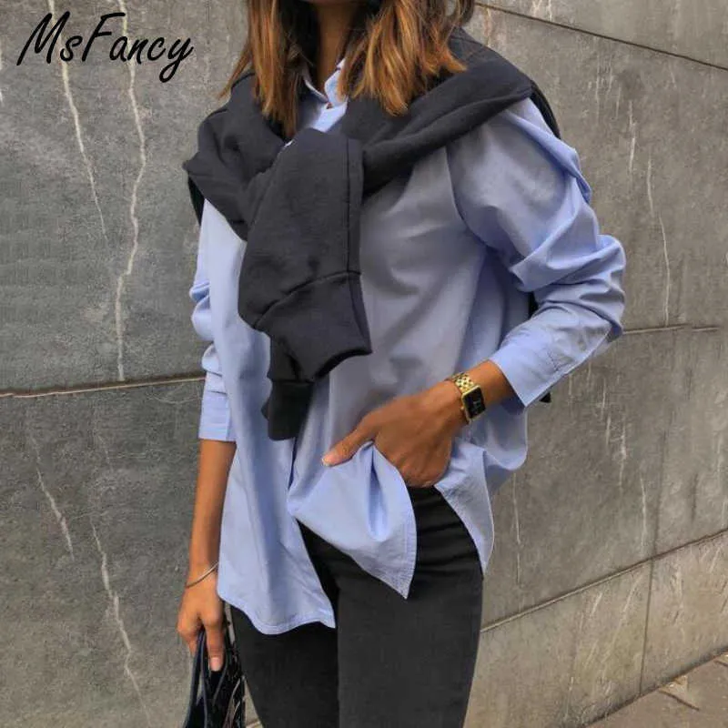 MSFFYCY Summer Cotton Blouse Kvinnor Långärmad Plus Storlek Chemise Femme Blå Elegant Casual Shirt 210604