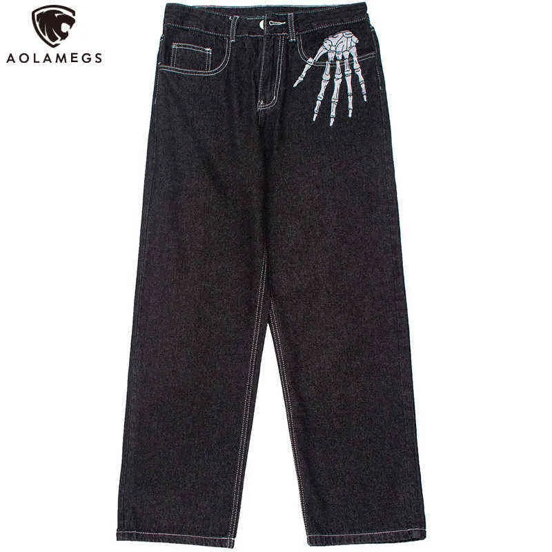 Aolamegs gotische schedel skelet borduur jeans mannen punk mode high street casual recht zwarte denim broek streetwear 0309