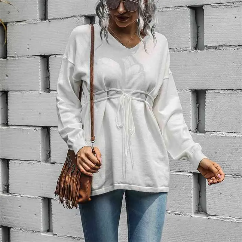 V neck Jumper sweater womens Women's Autumn and Winter Fashion Casual Lantern Sleeve Drawstring Sweater Top Pullovers 210508
