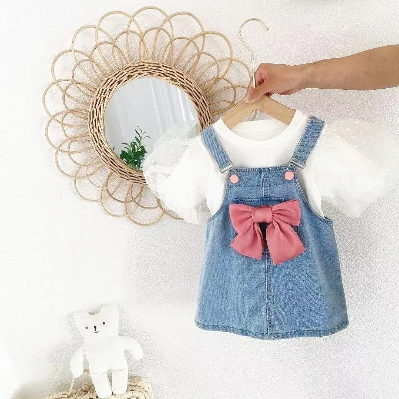 white christmas dresses Summer Baby Kids Girls Denim Short Sleeves Flowers Pattern Embroidered –  MyKids-USA® main image 1