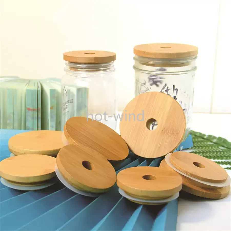 Bamboo Jar Tumbler Lid Cup Cap Mug Cover Drinkware Splash Spill Proof Top Silicone Seal Ring With Paint Coating Mold-free Dia 70mm/86mm Optional 15mm Straw Hole EE